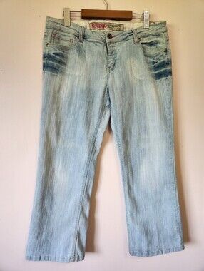 Vintage Y2K Bongo Hardcore Denim Light Wash Crop Jeans Size 11 Rose Patch GUC